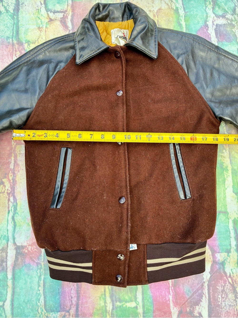 Vintage Brown Wool & Black Leather Sleeve Bomber Jacket - Unbranded